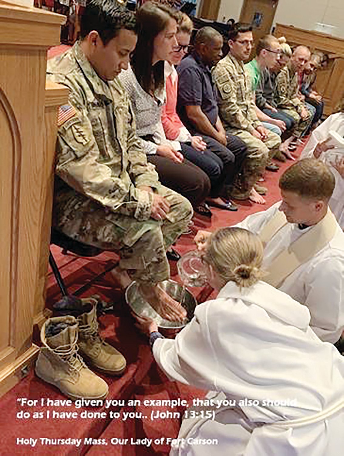 He washes the feet of soldiers and family members on Holy Thursday.